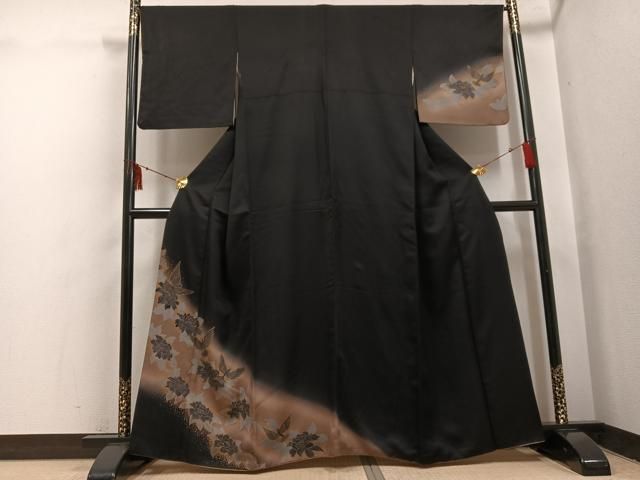 平和屋着物●訪問着 花鳥文 暈し染め 黒地 金彩 正絹 逸品 AABI0512ph
