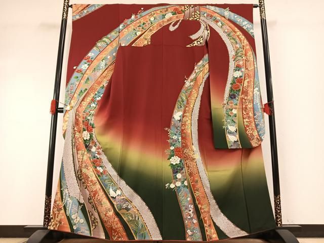平和屋着物●豪華振袖　熨斗花鳥文　暈し染め　金彩　正絹　逸品　AABI1274fy