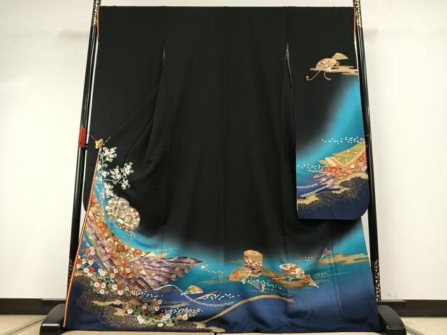 平和屋着物●ブライダルファッションデザイナー・桂由美　振袖　鼓花文　暈し染め　黒地　金彩　ロング丈　正絹　逸品　AABI1283fy 42,250円