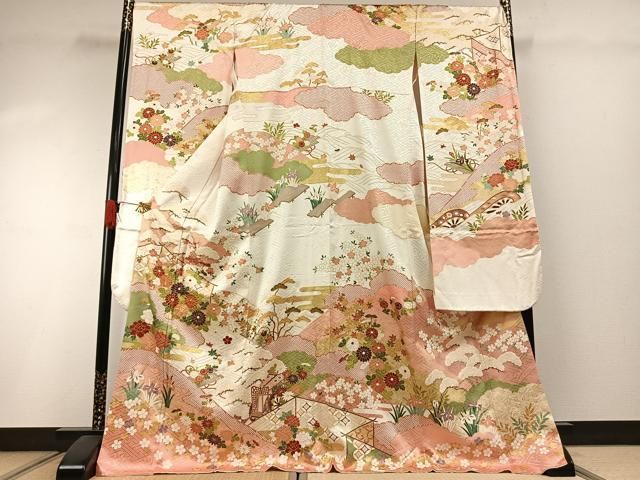 平和屋着物●豪華振袖　駒刺繍　御所車花文　金彩　正絹　逸品　AABI1416fy