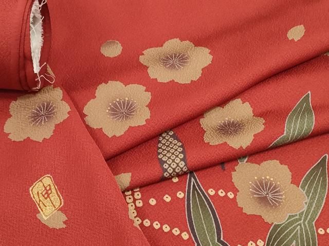 平和屋着物▽振袖 解き反物 着尺 八掛付き 作家物 鹿の子舞桜文 沢瀉