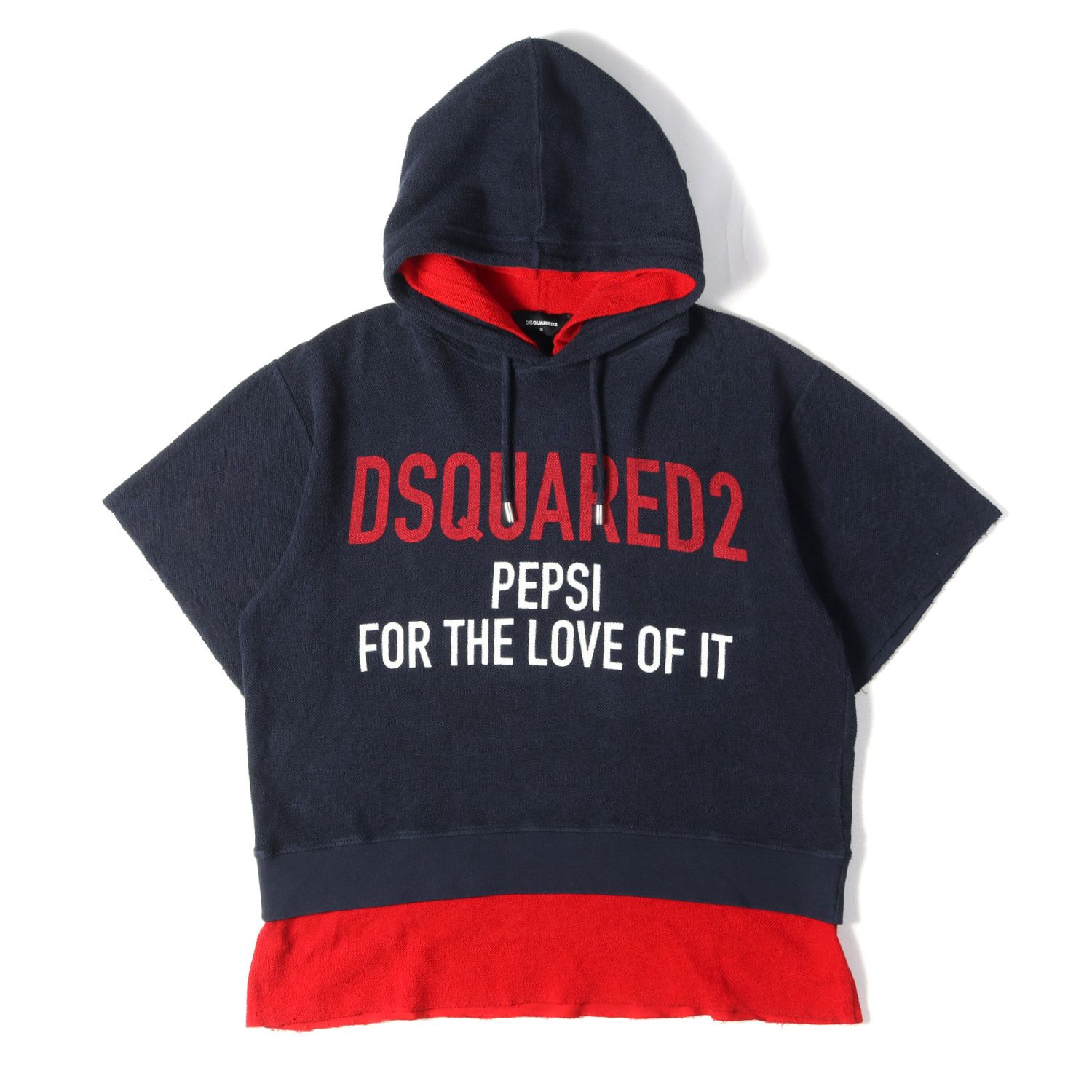 DSQUARED2 ディースクエアード パーカー ネイビー レッド サイズ:M | PEPSI-COLA ロゴプリント 半袖 レイヤード 裏吊り毛 スウェットパーカー | S78GU0037 S25427 | トップス フーディー【メンズ】【中古】