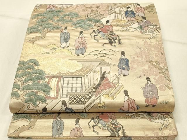 平和屋着物◎六通柄袋帯　早春観梅絵巻　金糸　正絹　逸品　DABE3934qp