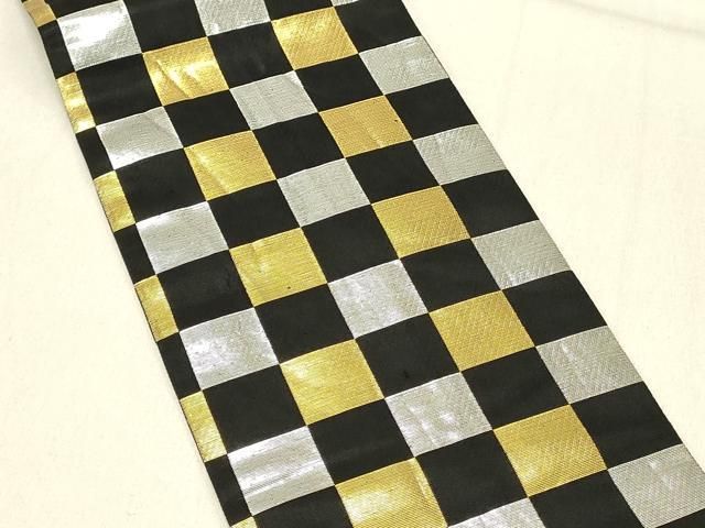 平和屋着物◎半幅帯　市松文様　黒地　金銀糸　正絹　逸品　DABE3940qp 7,984円