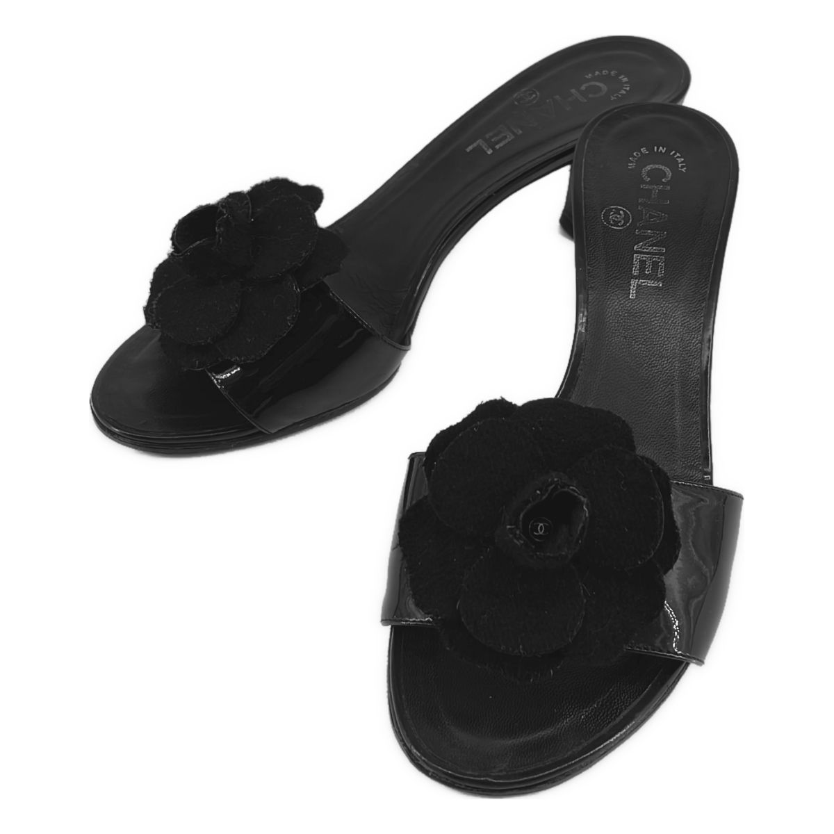 CHANEL / シャネル | パテントレザー カメリア ココマーク ミュール