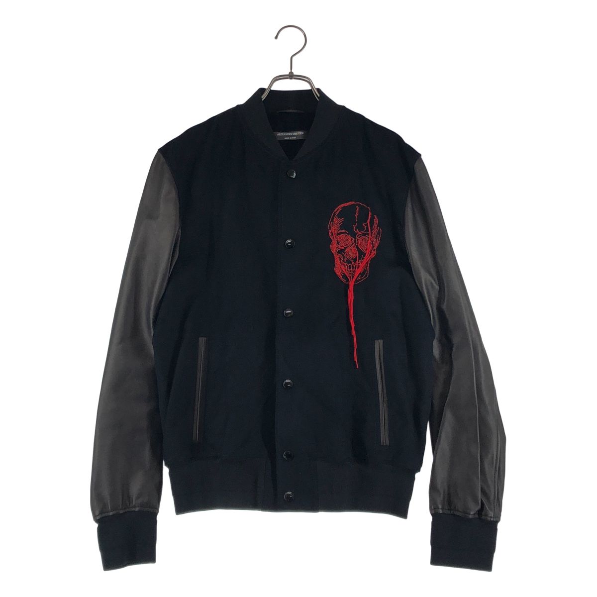 ALEXANDER MCQUEEN / アレキサンダーマックイーン | ウール ラムレザー切替 スカル刺しゅう バーシティジャケット | 50 | ブラック | メンズ