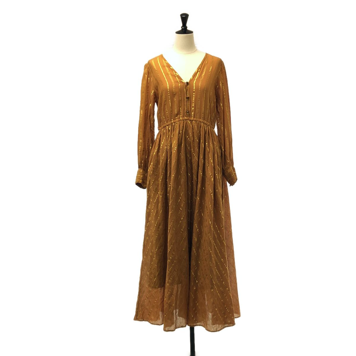 sara mallika / サラマリカ | CTN LUREX DRESS / コットン ストライプ ルレックス ロングドレス | キャメル | レディース