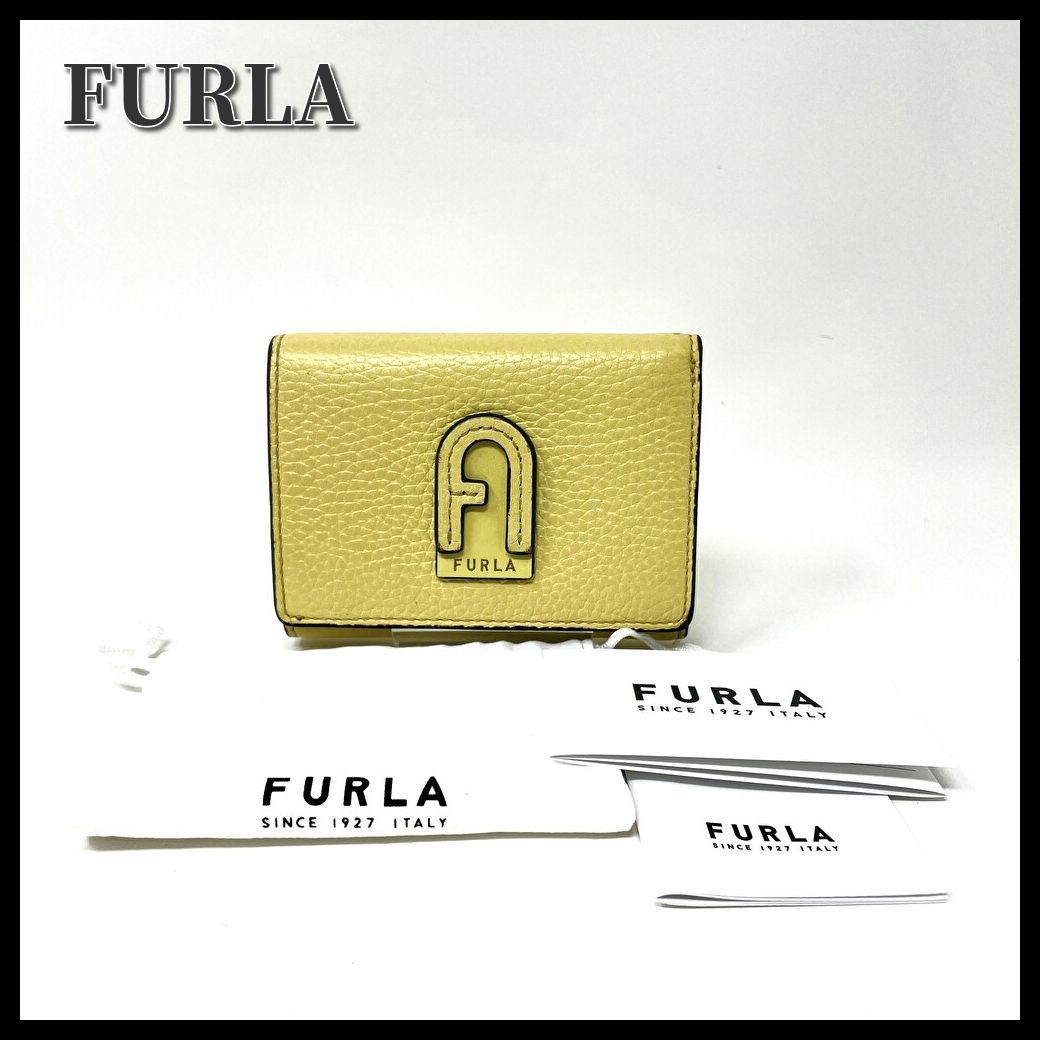 【良品】 FURLA (フルラ) レザー ダフネ アーチロゴ 三つ折り財布 イエロー