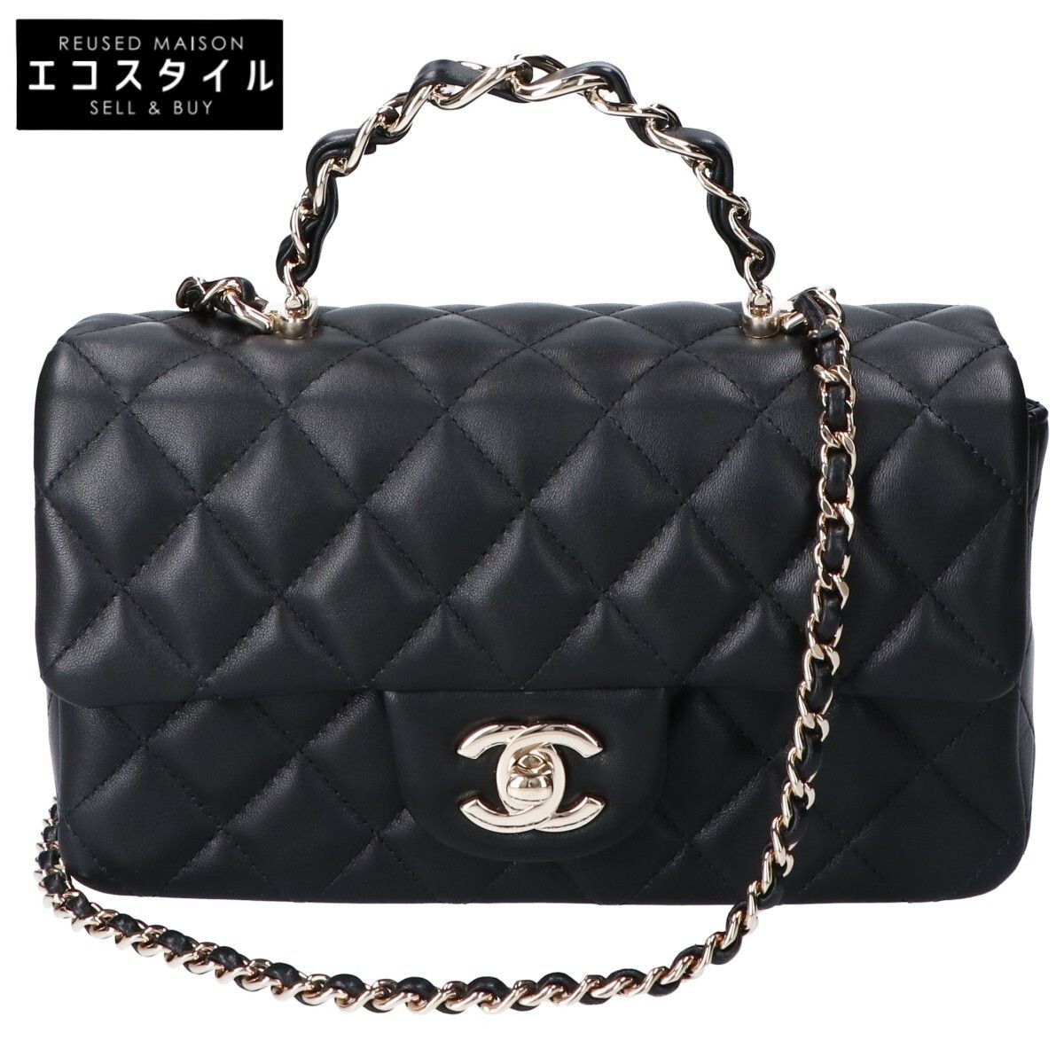 CHANEL　シャネル　ブラック AS2431 ゴールド金具 ラムスキン トップハンドル ミニクラシック 2wayハンドバッグ　-