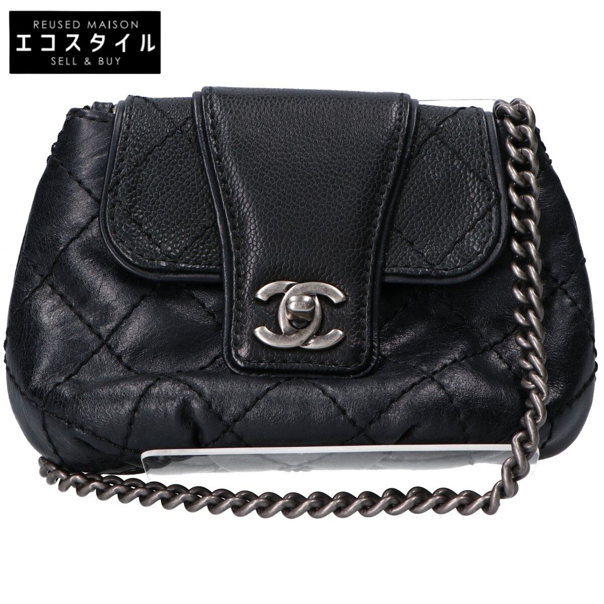 CHANEL　シャネル　19番台 ヴィンテージカーフ×キャビアスキン マトラッセ ミニチェーンショルダーバッグ　-