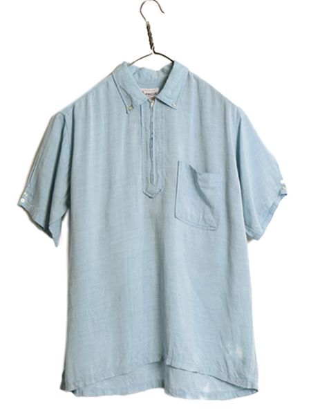 60s ★ BLANCE ハーフジップ ボタンダウン 半袖 シャツ メンズ M / 古着 ヴィンテージ レーヨン BD プルオーバー ボックス サックス 無地