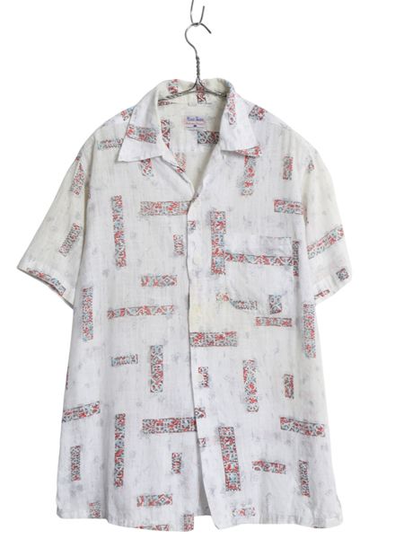 50s ★ Mark Twain オープンカラー 半袖 シャツ メンズ M / ヴィンテージ 開襟 ボックス コットン カスリ アトミック 幾何学模様 総柄 白