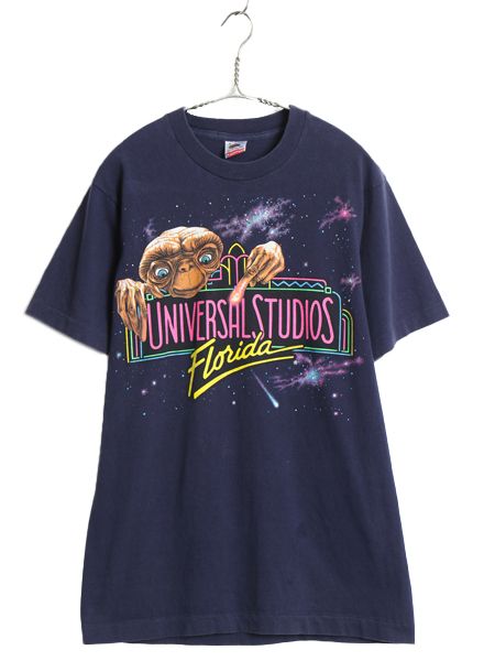 90s ★ ユニバーサルスタジオ E.T. イラスト プリント Tシャツ メンズ M / オールド オフィシャル 当時物 ムービー キャラクター 企業物 紺