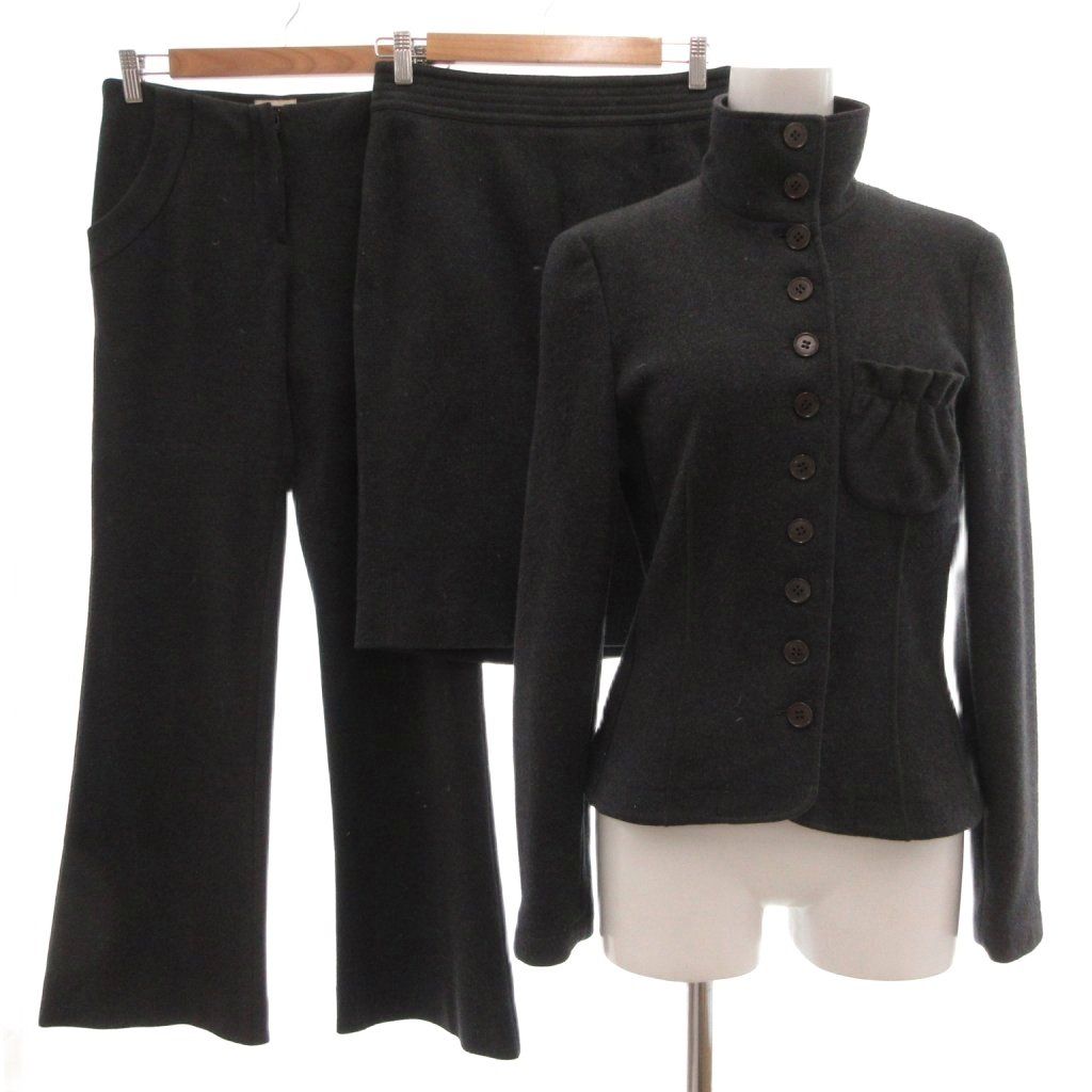 エンポリオアルマーニ EMPORIO ARMANI 美品 3点セット セットアップ スタンドカラージャケット タイトスカート フレアスラックス 38 36 フロントポケット ひざ丈 フルレングス グレー /KB ■ECG004