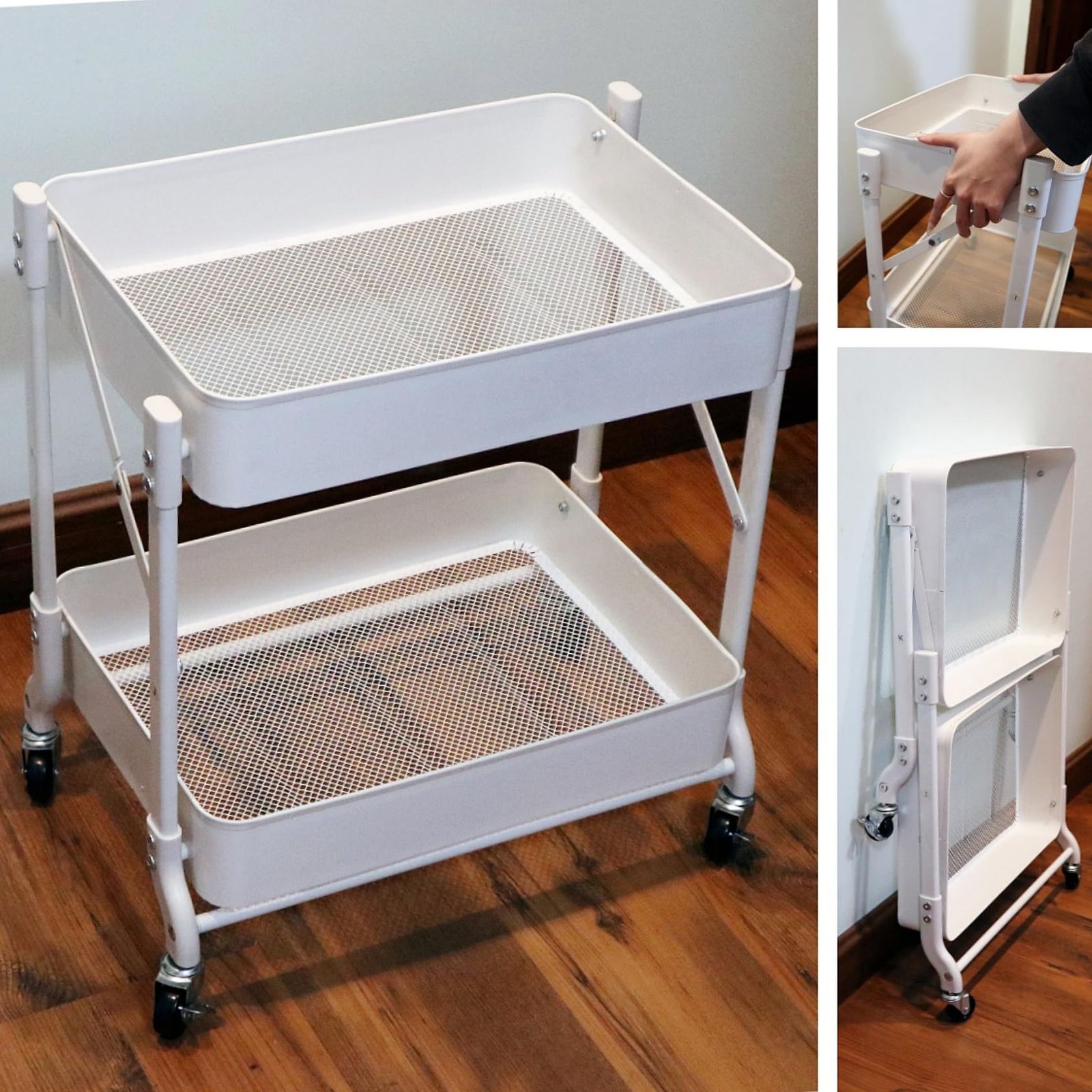 キッチンワゴン 折り畳み 2段タイプ 耐荷重40KG 幅46cm×奥行30cm×高さ51cm シンプルさ 収納ワゴン スチール製ボデイ キャスター付き スムース移動 吊り下げカップとフック小物収納 組立商品 (ホワイト, 折畳２段)AR f3523157