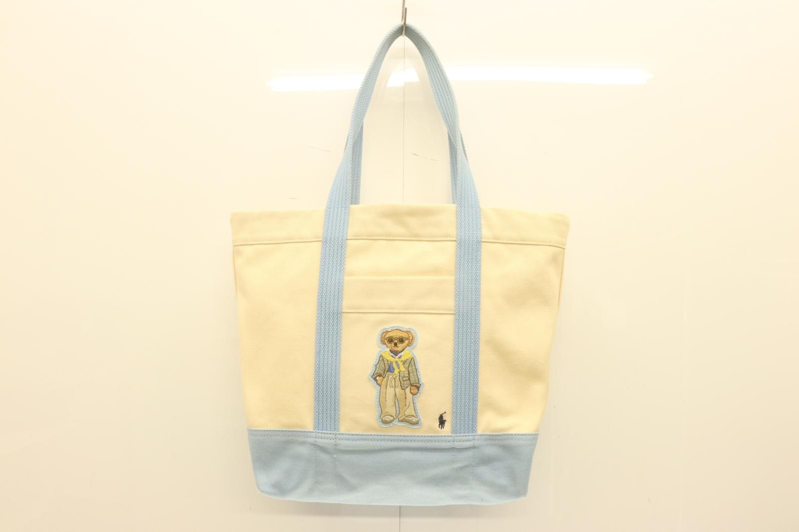 【中古】 Polo by Ralph Lauren メンズトートバッグ -- キャンバス トートバッグ Polo by Ralph Lauren -- 水色 アクアブルー アイボリー ワッペン ベア