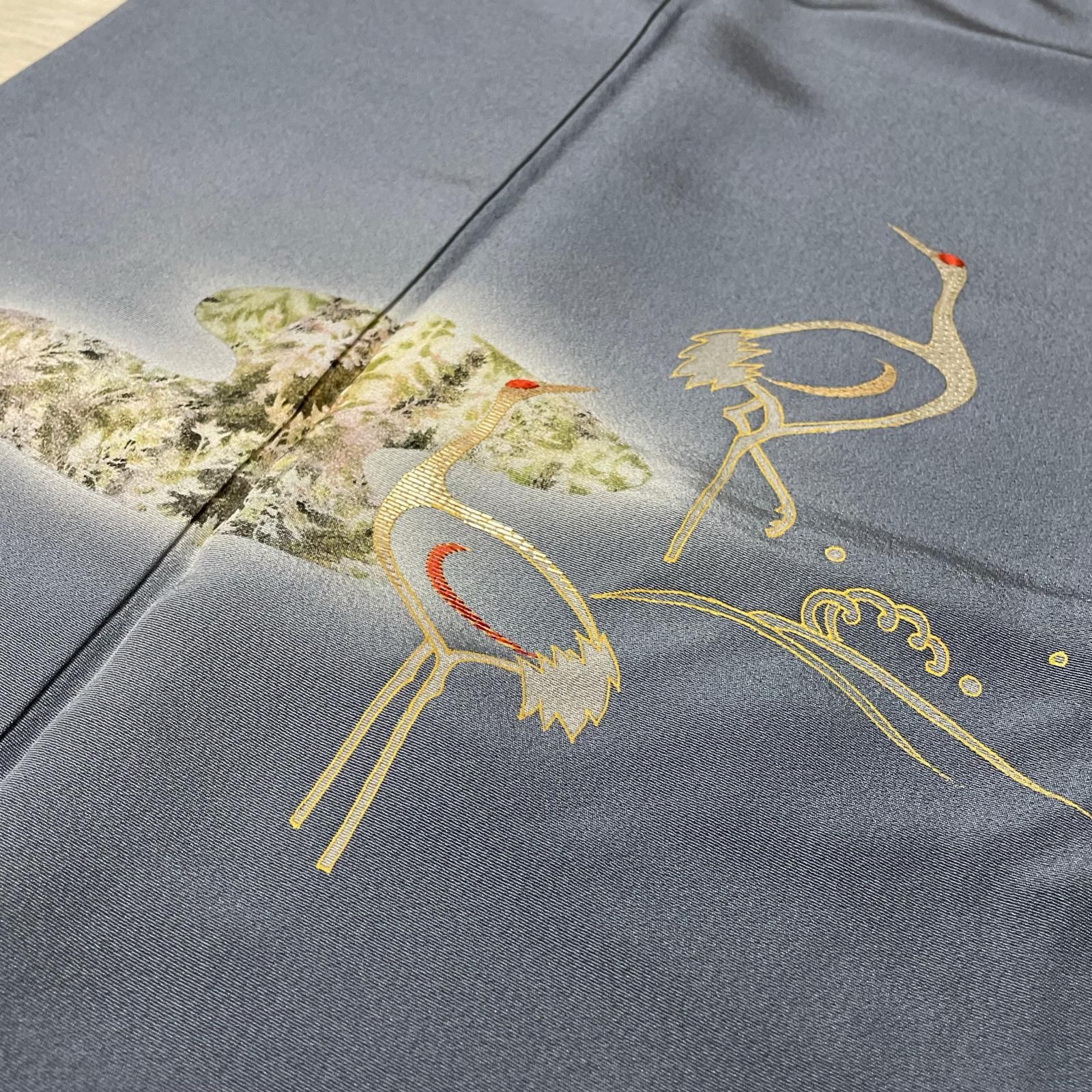 付下げ 竹屋町刺繍 鶴 荒波模様 細かな染め 着物 正絹 一つ紋 X-1493