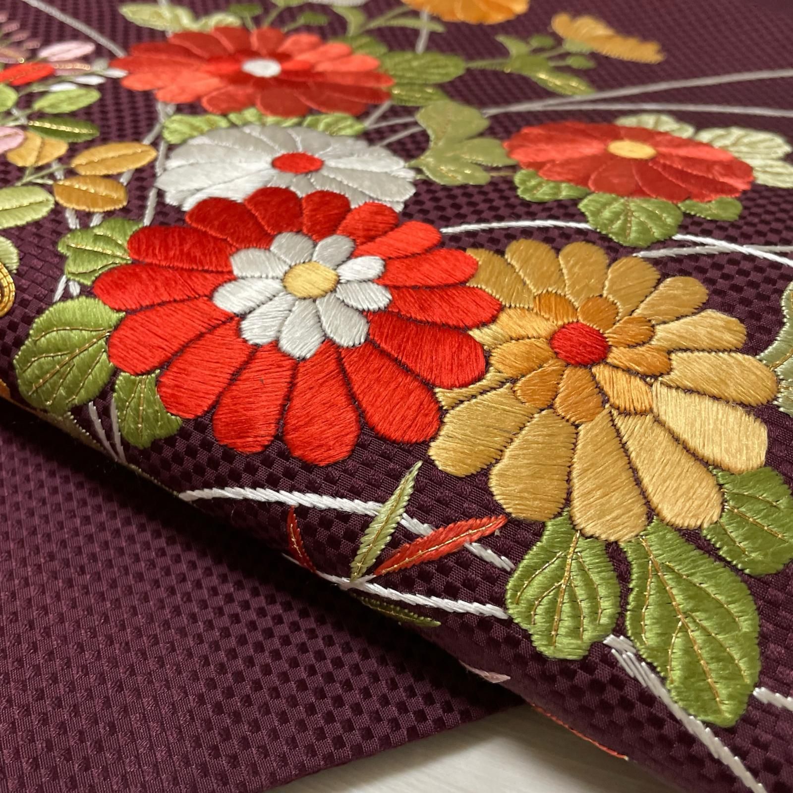 名古屋帯 総刺繍 草花に荒波模様 九寸 正絹 着物 X-1508