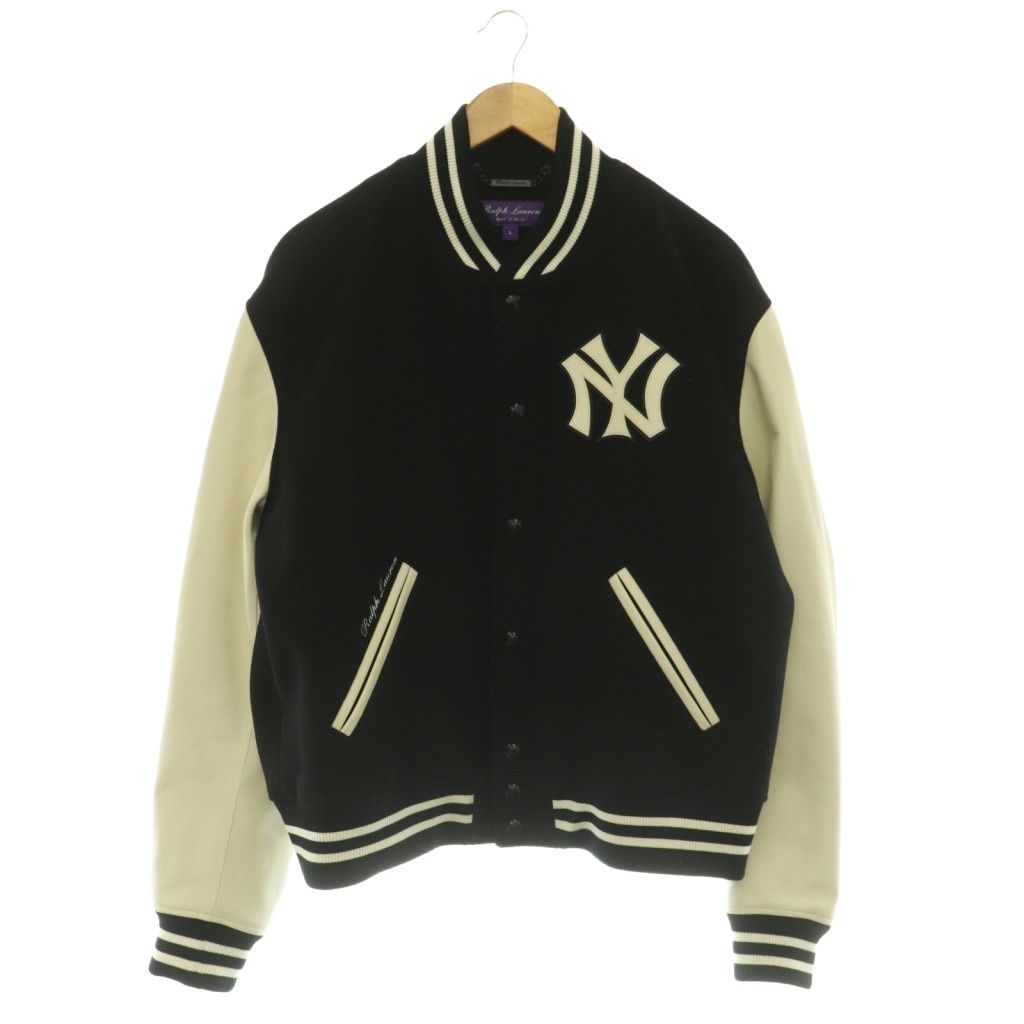 ラルフローレン パープルレーベル RALPH LAUREN PURPLE LABEL × MLB Yankees Capsule Collection New Arrival ボンバーレザージャケット スタジャン アウター L 黒 ブラック /NR ■OS