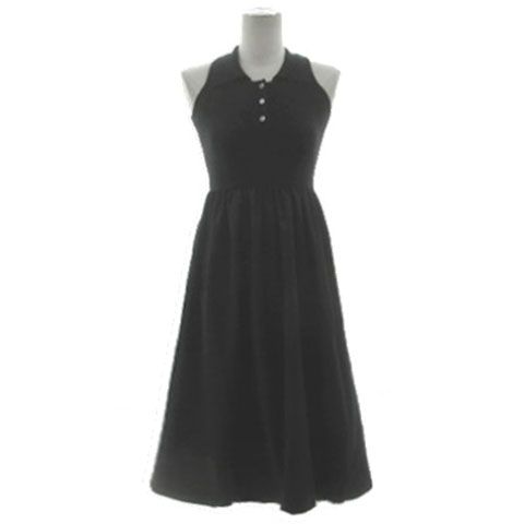 ルアン Luan POLO DOCKING DRESS ポロ襟ドッキングワンピース Luan129 アメリカンスリーブ ミモレ丈 ブラック XS
