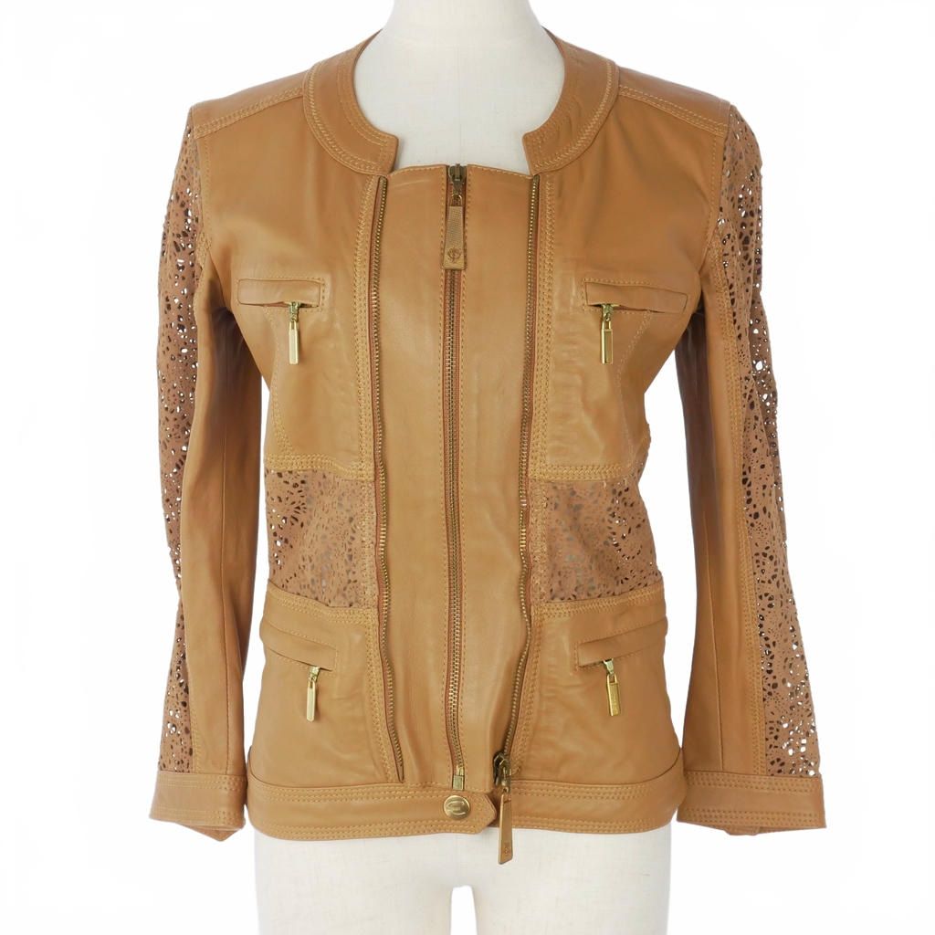 ジャストカヴァリ JUST cavalli レザージャケット ラムレザー ジップアップ 38 茶 ブラウン X079P5 81098