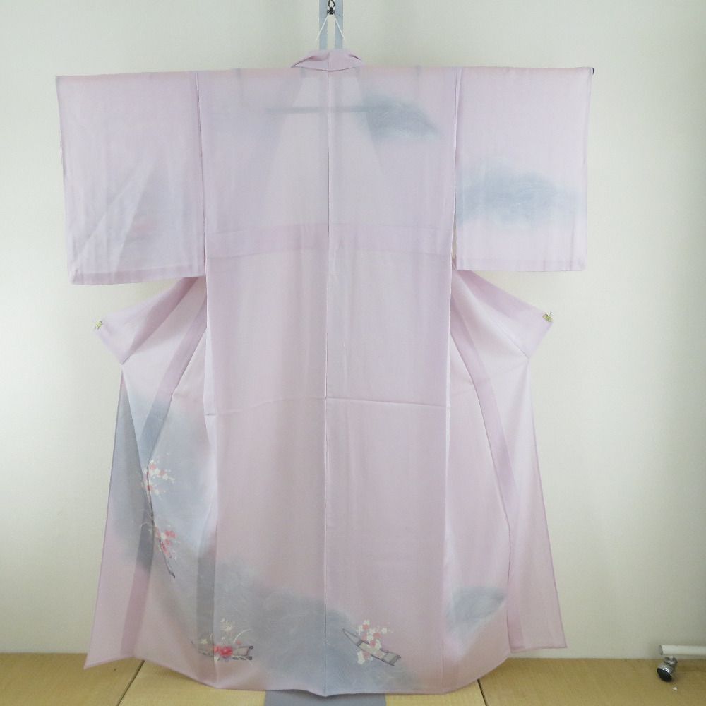 付下げ 夏着物 絽 広衿 波と舟に花紋様 正絹 薄紫色ｘ薄ピンク色 パステル系 紋無し 仕立て上がり 身丈156cm