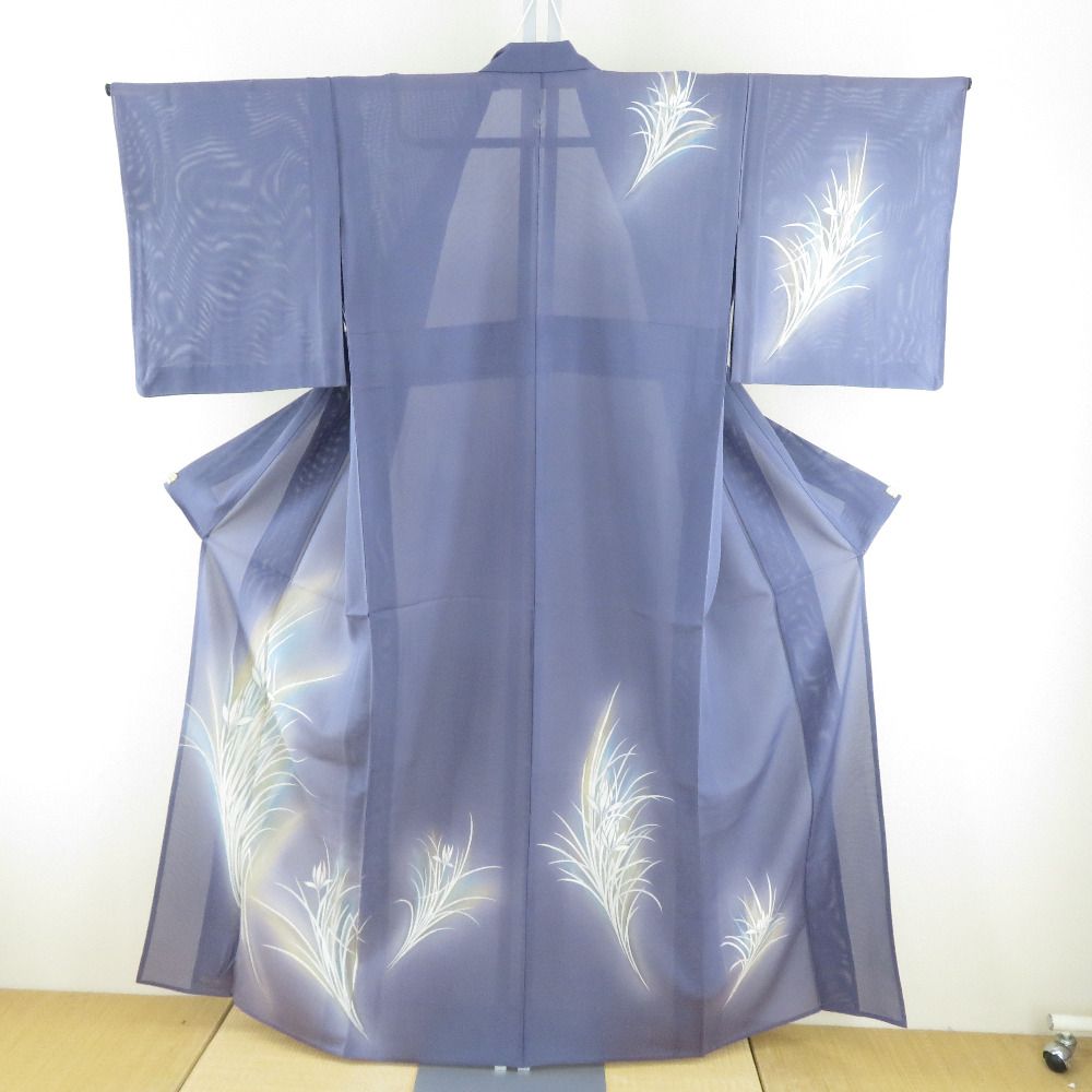 付下げ 夏着物 絽 広衿 花紋様 正絹 青紫色x青色x緑色 ぼかし パステル系 一つ紋 丸に片喰紋 仕立て上がり 身丈155cm