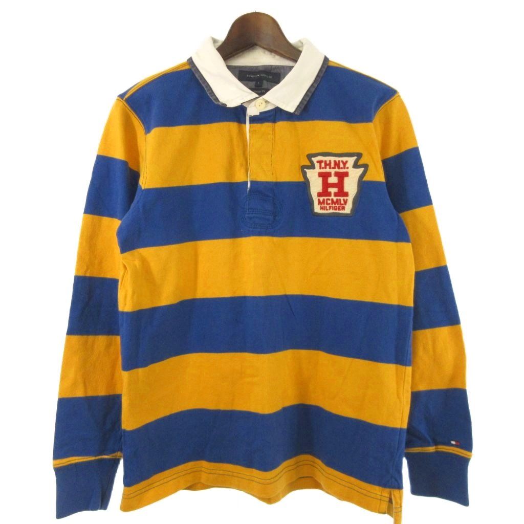 トミーヒルフィガー TOMMY HILFIGER ラガーシャツ ポロシャツ 長袖 ボーダー ワッペン 黄 青 L ■GY47