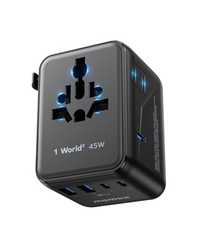 【最新登場！ 45W急速充電】MOMAX 変換プラグ PD 45W GaN 急速充電 海外旅行用電源変換 7台同時充電 3*USB-C PD & 2*USB-A QC &2*ACコンセント 2個AC差込口 海外用コンセント C/BF/O/Aタイプ マルチ変換t