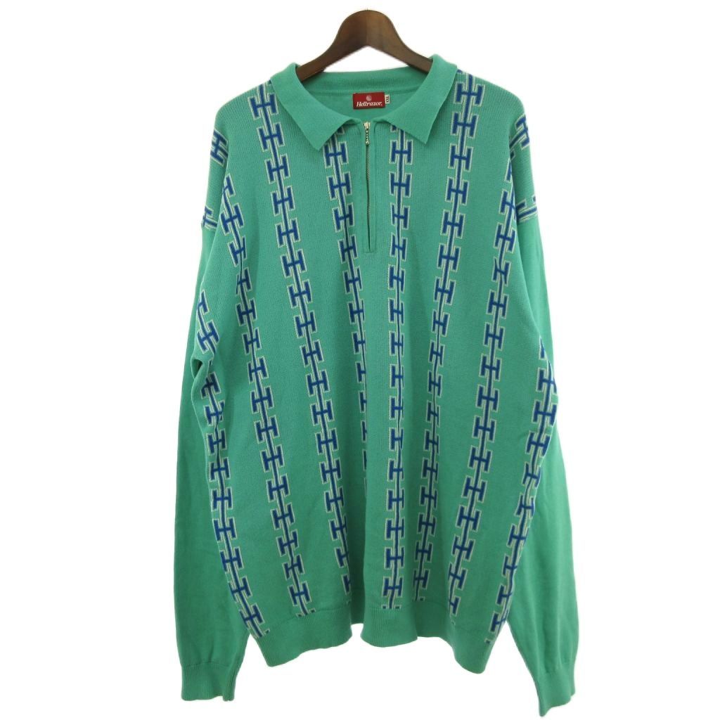 ヘルレイザー Hellrazor 美品 25年 CHAIN HALF ZIP KNIT Sweater ニット セーター ハーフジップ TEAL XXL 大きいサイズ