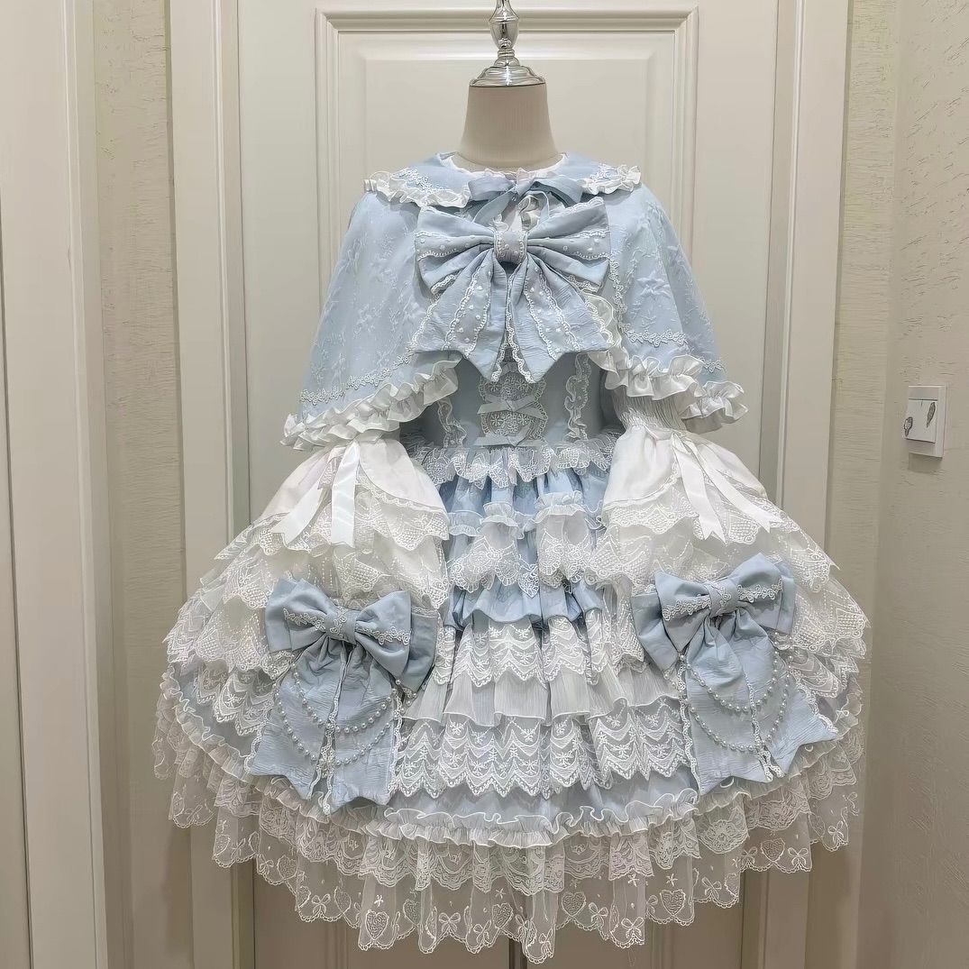 ロリータドレス3点セット JSK＋ケープ＋姫袖ブラウス サックスブルー 姫系 フリル リボン レース パール 豪華 上品 甘ロリ ゴスロリ クラシカルロリータ 水色ロリータ イベント 撮影 コスプレ コンカフェ 衣装