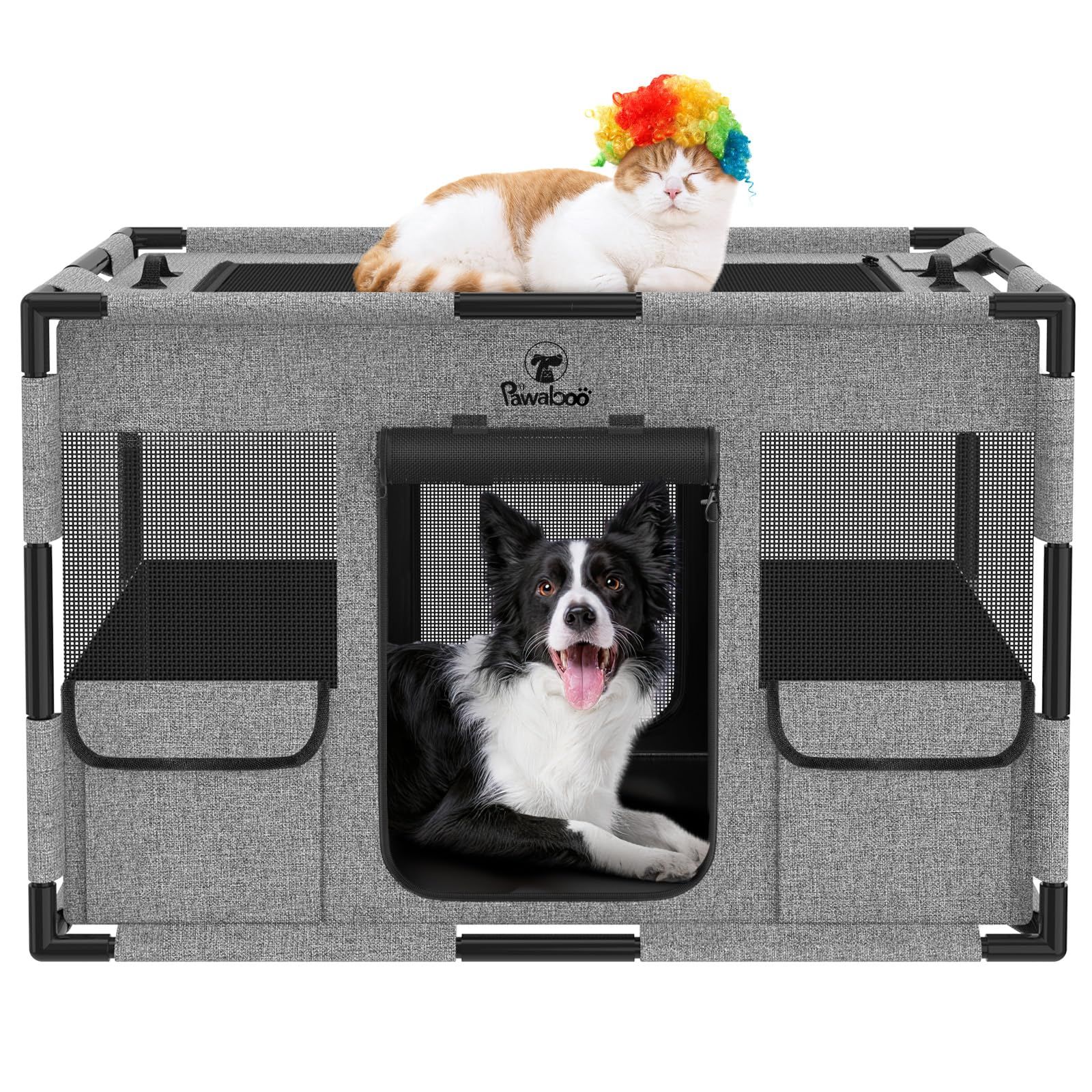 【特価セール】うさぎ 引き裂けにくい 出入り便利 ファスナー式 屋外サークル 犬 ハムスター 犬 犬 ペットフェンス キャットサークル 防水 長方形 組立簡単 室内 サークル Mサイズ 屋根付き 小型犬さーくる 扉付き メッシュ グレー＋ブラック ケージ 折り