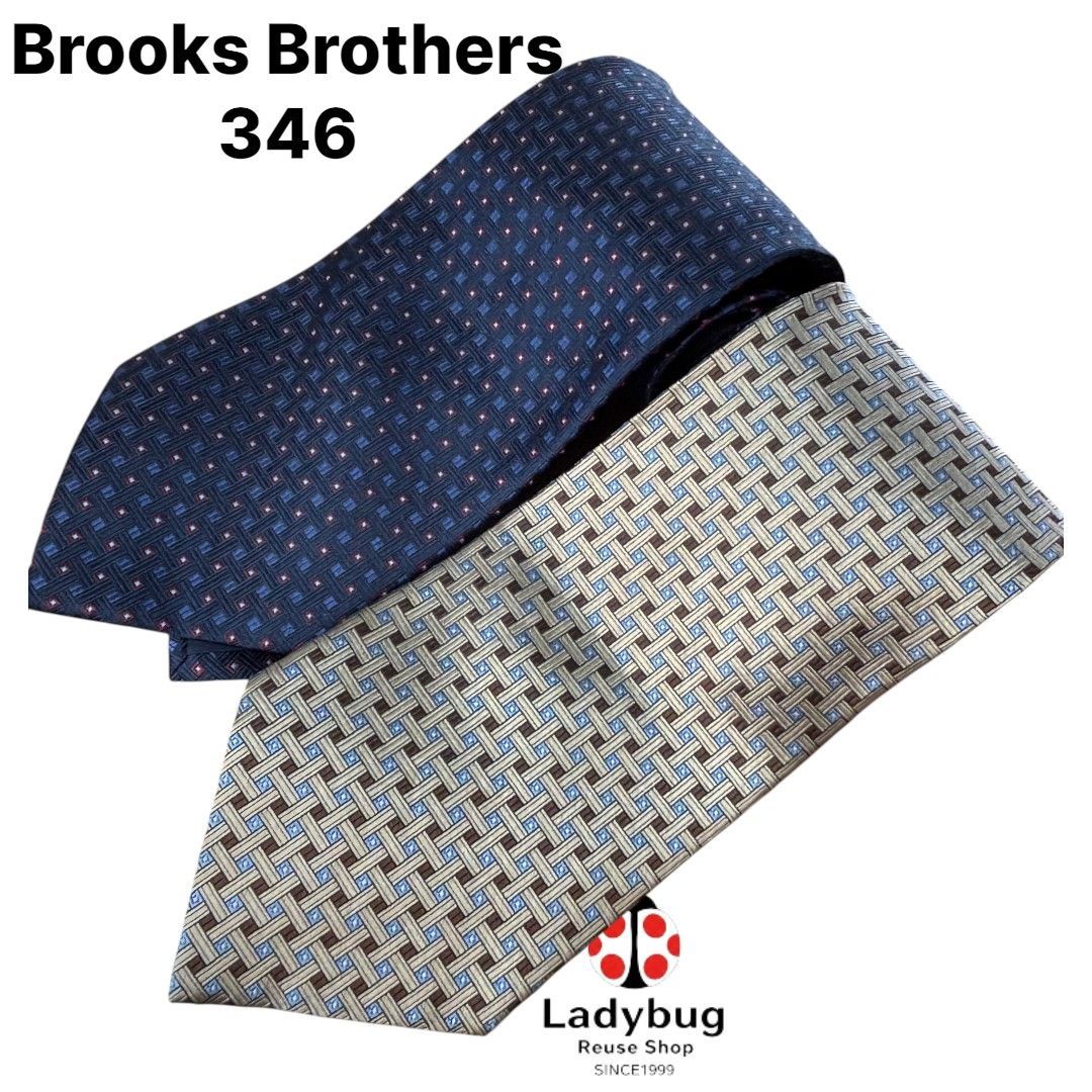 2色セット 美品 Brooks Brothers（ブルックスブラザーズ）346 シルク100％ ネクタイ / ジオメトリック・バスケット編み風 / ベージュブラウン & ネイビー / イタリア製　値下不可