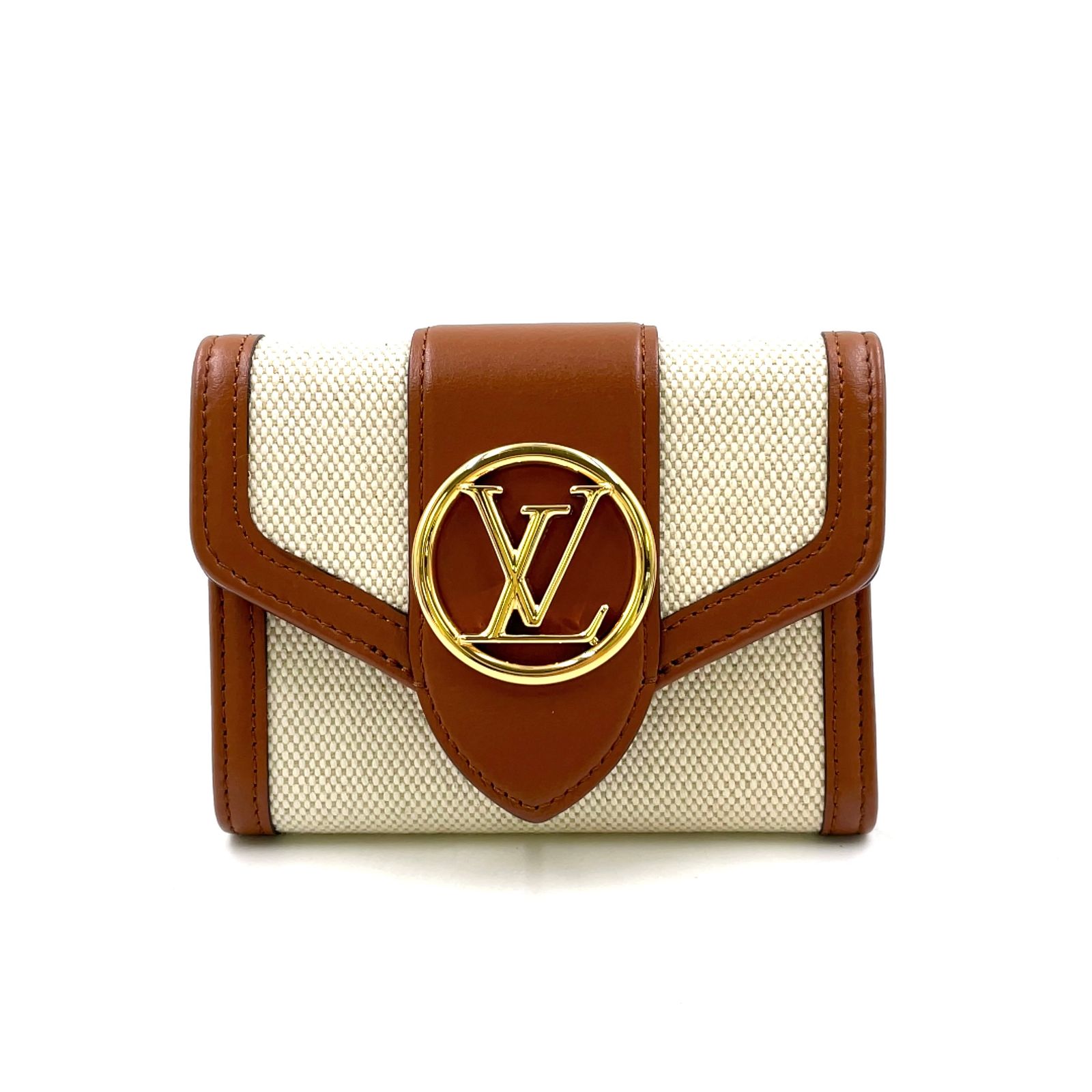 LOUIS VUITTON ポルトフォイユLV ポンヌフ コンパクト RFID対応 レザー×キャンバス ブラウン×ベージュ 財布 ゴールド M81393