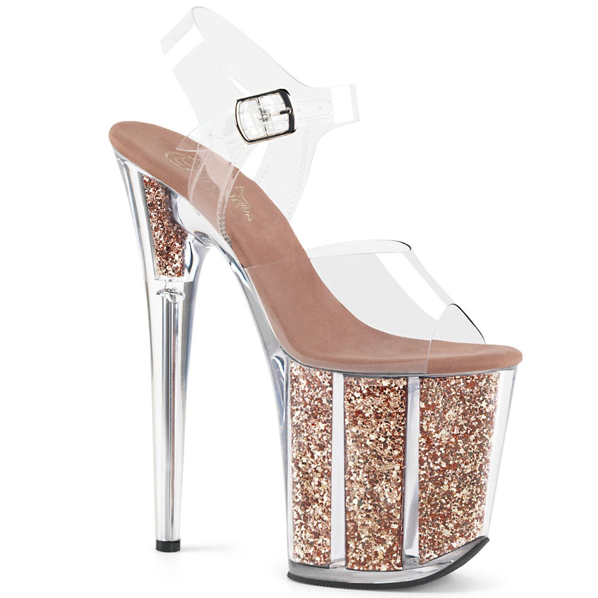 PLEASER【即納】プリーザー・グリッターフィルフラミンゴ厚底サンダル/品番：FLAMINGO-808G/FLAM808G/20cmヒール/ドレス/キャバ嬢/バーレスク/ピンヒール/ハイヒール/レディース/靴/アッパークリア（透明）/ローズゴールド