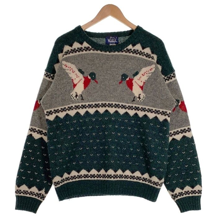 80's WOOLRICH ウールリッチ ノルティック柄 アヒル ニット セーター グリーン グレー Size M