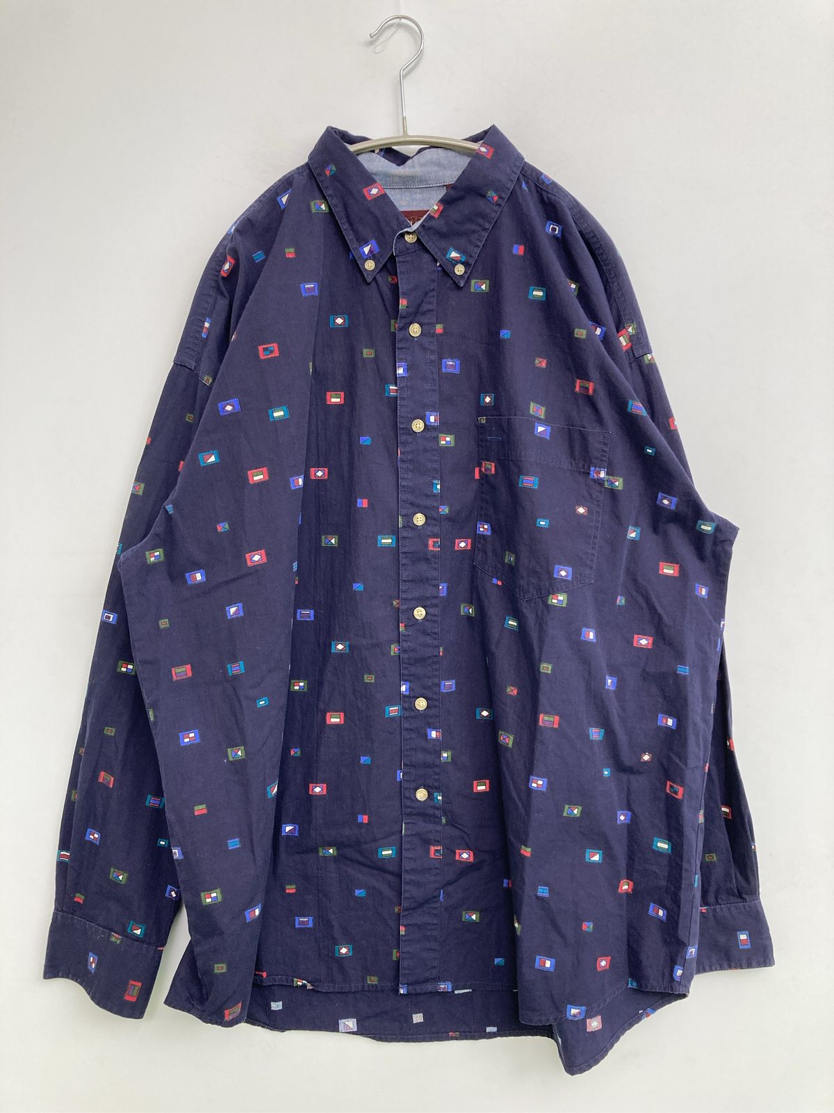 HAGGAR CASUALS シャツ/ブラウス XL ネイビー コットン その他総柄 ボタンダウン 長袖