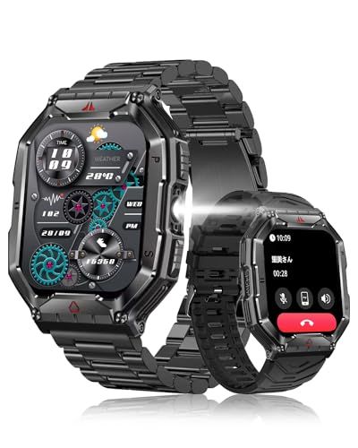 スマートウォッチ 2.1インチ超大画面【2026改良新型 2種バンド付き 腕の懐中電灯 軍用規格】Bluetooth5.3通話 コンパス搭載 気圧高度計 耐衝撃 1ATM防水 スポーツウォッチ 650mAh長持ちバッテリー 振動と着信音設定 腕時計 100mi