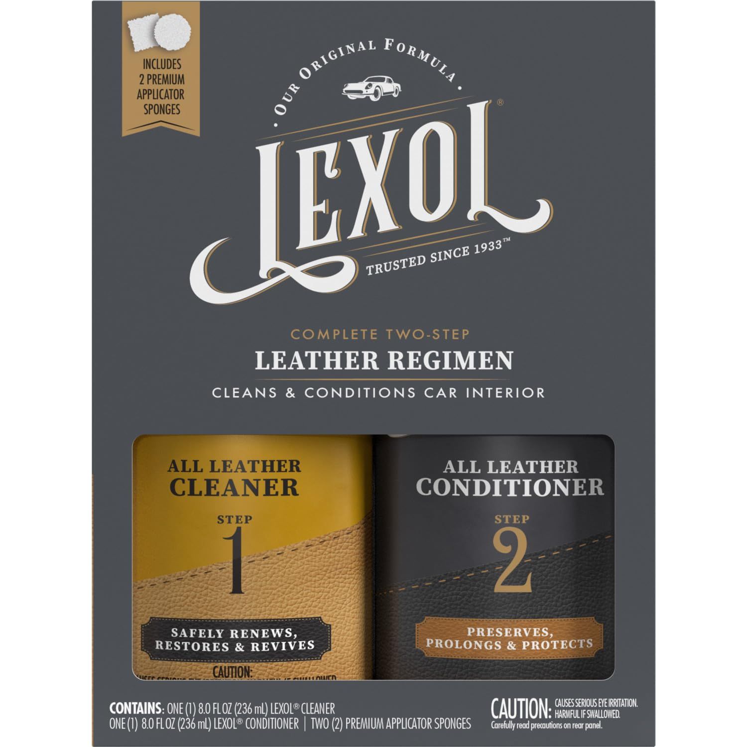 Lexol (レクソル) コンディショナークリーナーキット カーレザー 家具 靴 バッグ アクセサリーに使用 素早く簡単なステップレジメン 8オンスボトル 2つの塗布スポンジ付き