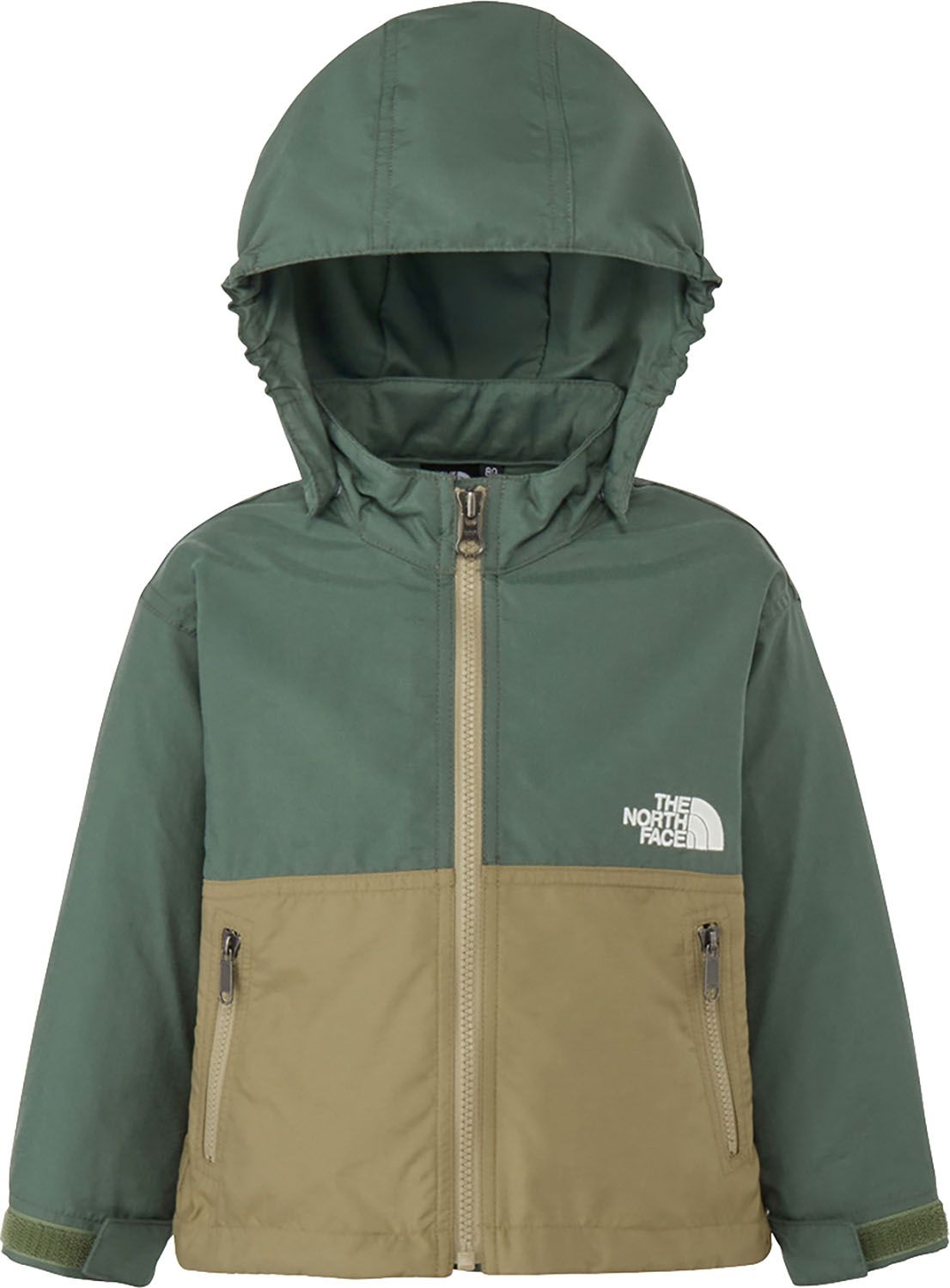 ザ・ノース・フェイス THE NORTH FACE アウトドア ベビーコンパクトジャケット ウィンドブレーカー アウター 上着 子ども服 軽い はっ水 シンプル フード 取り外し可能 普段使い 外遊び キャンプ 記名ラベル N GI ダックグリーン×クラシッ