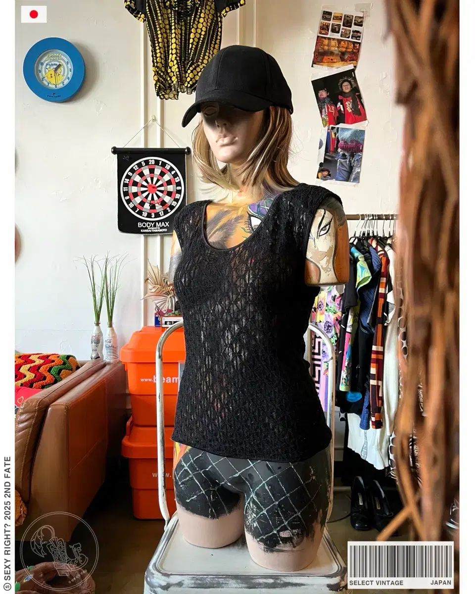 日本 ヴィンテージ ブラック メッシュ ノースリーブ Tシャツ