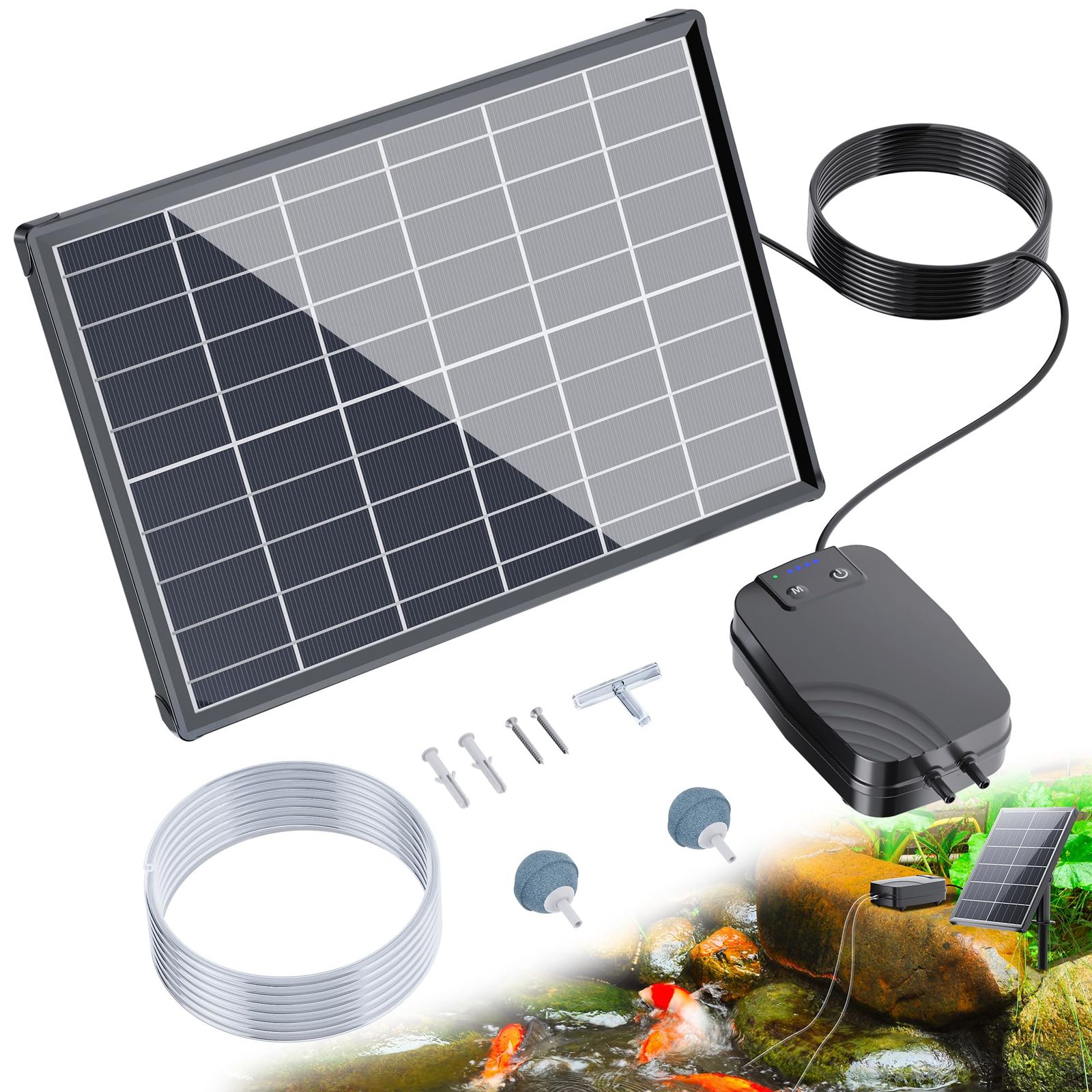 NFESOLAR ソーラーエアポンプ 4400mAh大容量バッテリー内蔵 電源ディスプレイ付き 2連分岐可能 3段階エアーモード メダカ ビオトープ 暑さ対策 水質改善 屋外電源不要 エアストーン2個付属as a3236052