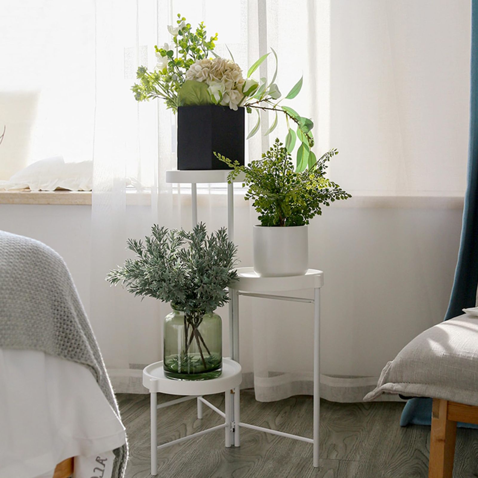 フラワースタンド ガーデンラック 室内/屋外 玄関 花台 観葉植物 園芸ラック 植木鉢台 花棚 盆栽 組み立て簡単 調節可能 植木鉢台 おしゃれ (ホワイト, 3段)as 5f0736fb