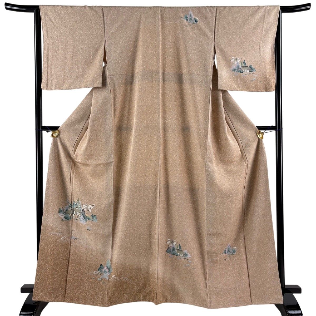 美品】 訪問着 身丈154cm 裄丈65cm M 袷 建物 樹木 ぼかし ベージュ 