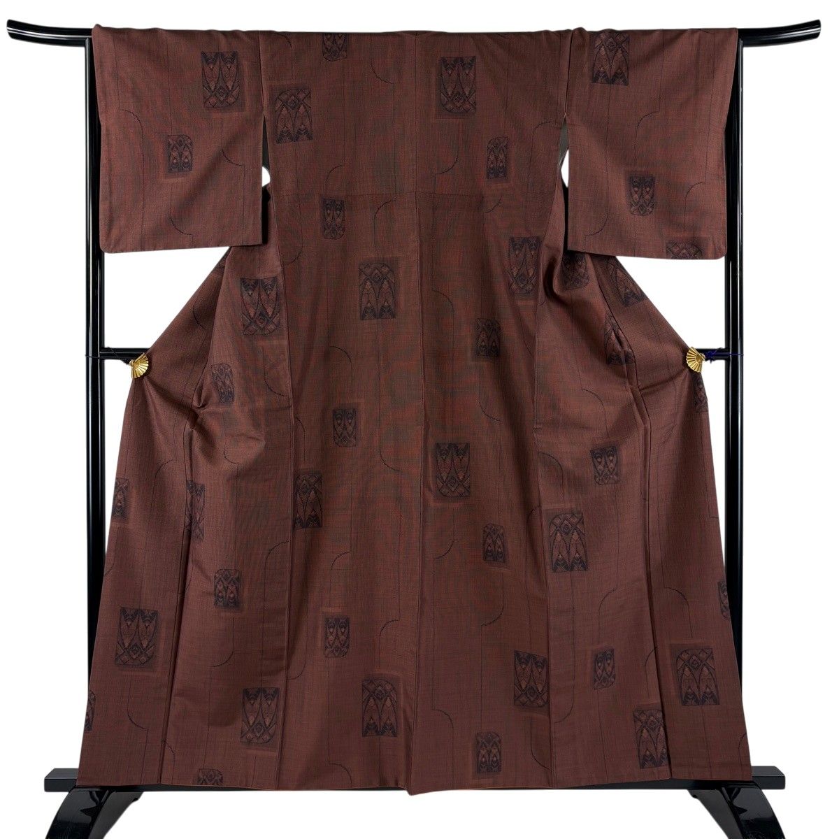 単衣　160cm　Lサイズ　渋茶　正絹紬　カジュアル　b318 美品】 紬 身丈160cm 裄丈65.5cm M 袷 幾何学 赤茶 正絹 名品 【中古
