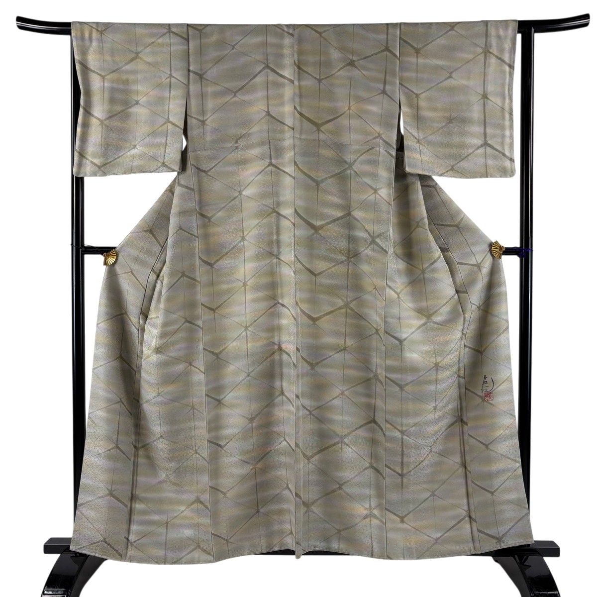 【美品】 小紋 身丈158cm 裄丈65cm M 袷 落款 幾何学 ぼかし 灰緑 正絹 名品 【中古】
