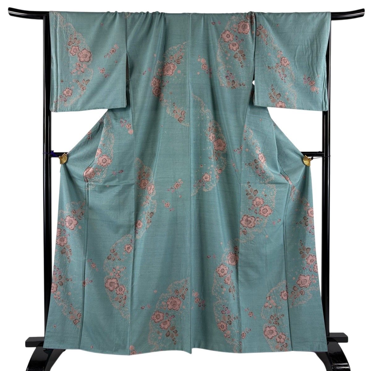 小紋 身丈163.5cm 裄丈71cm L 袷 紬地 辻が花柄 青緑 正絹 名品 【中古】