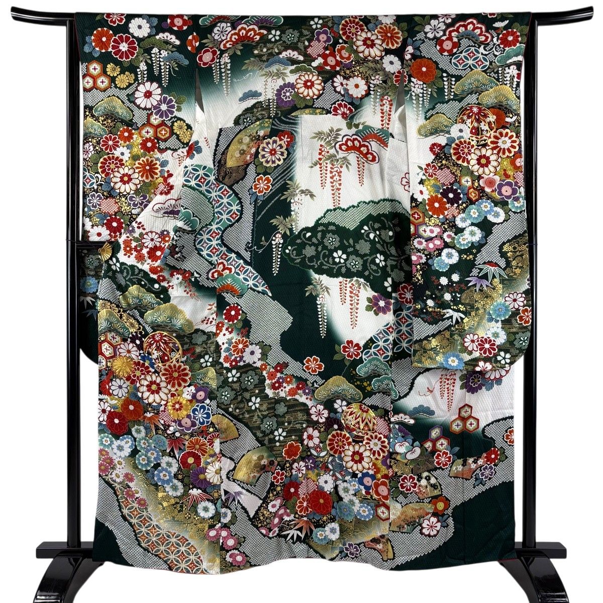 振袖 身丈160.5cm 裄丈65.5cm M 袷 松竹梅 菊 金糸 金彩 深緑 正絹 名品 【中古】