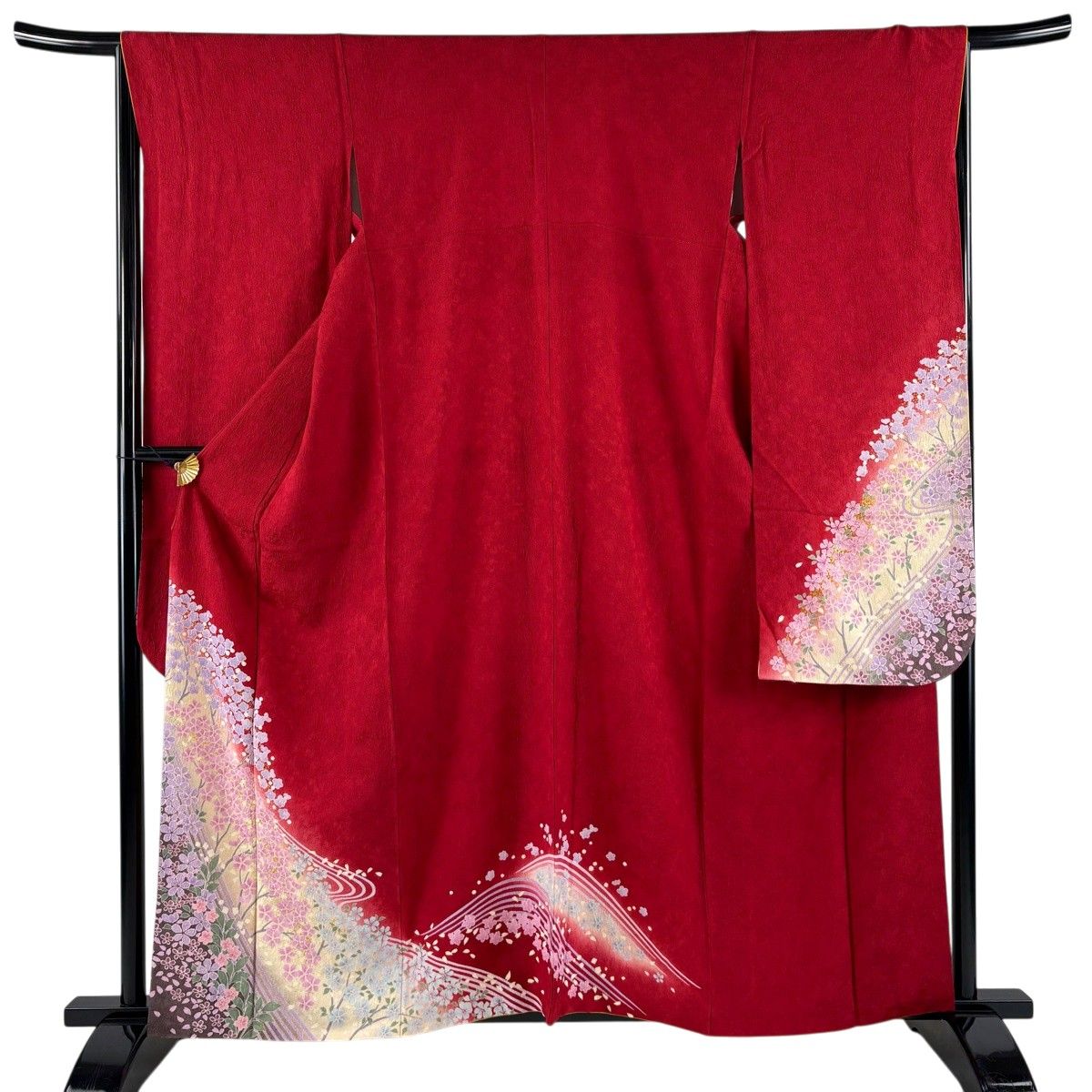 【美品】 振袖 身丈160.5cm 裄丈66.5cm M 袷 桜 流水 金彩 ぼかし 赤 正絹 名品 【中古】