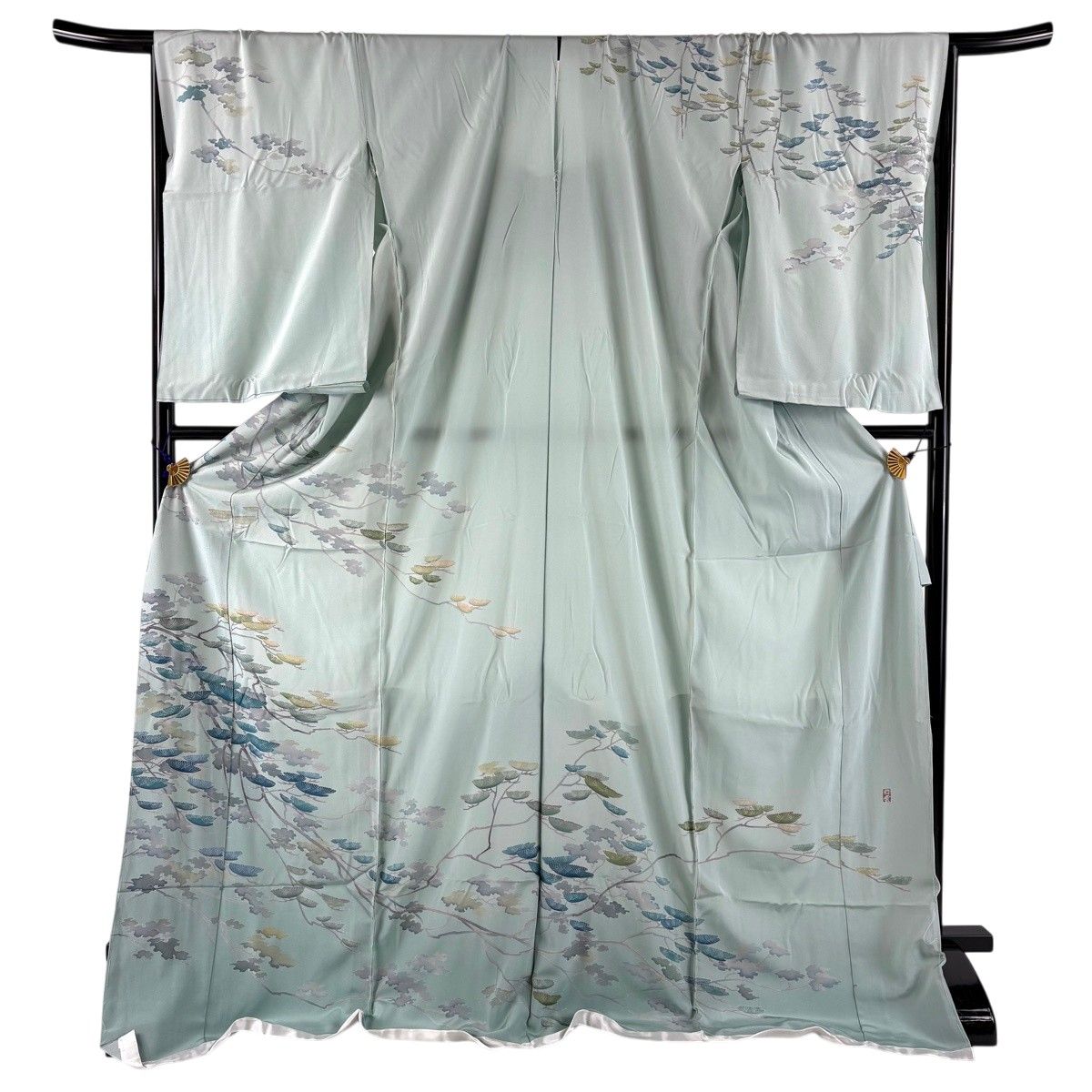 訪問着 身丈178.5cm 裄丈70cm 未仕立て 仮絵羽 粋雲 落款 松 ぼかし 薄緑 正絹 名品 【中古】